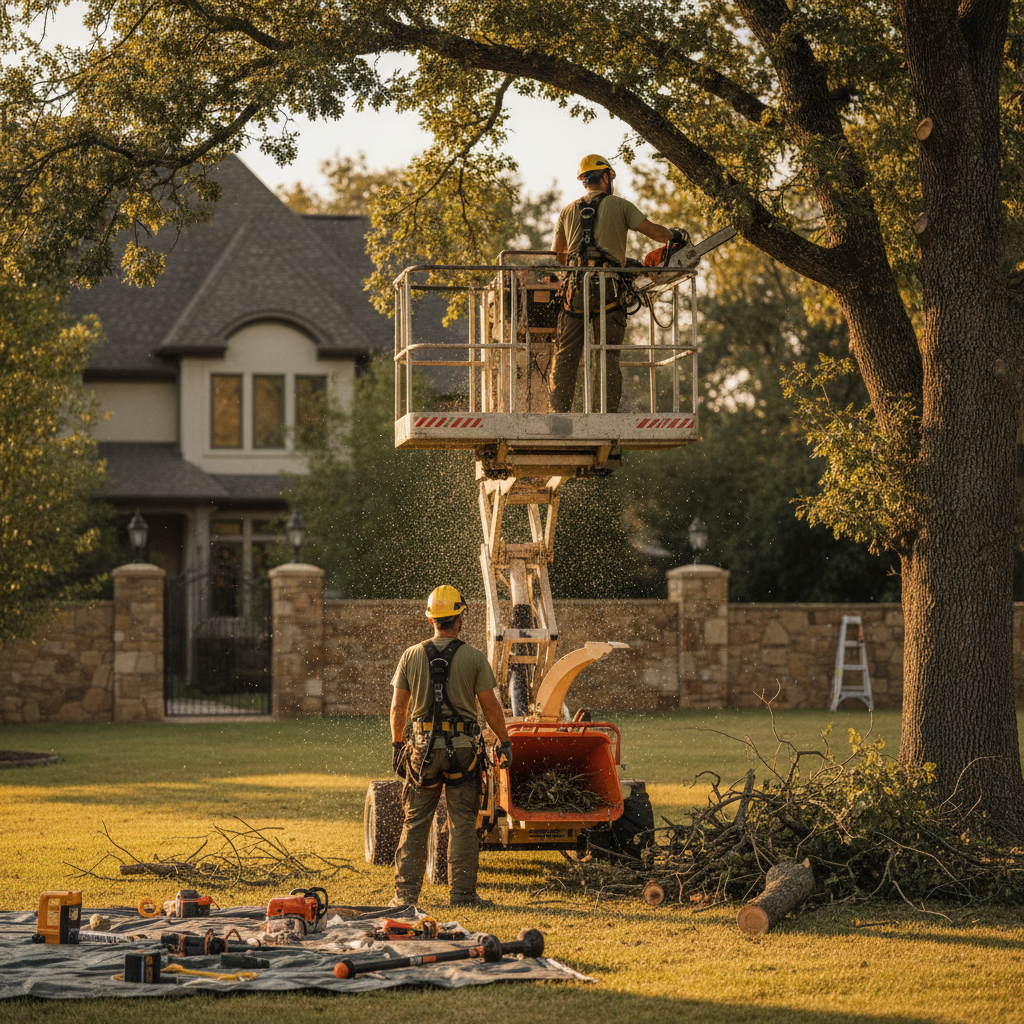 Create a realistic, professional service-business photograph showing Tree Pruning from behind, with the backs of their heads visible. Do not show any faces, facial features, front-facing views or side views, profiles, or identifiable people