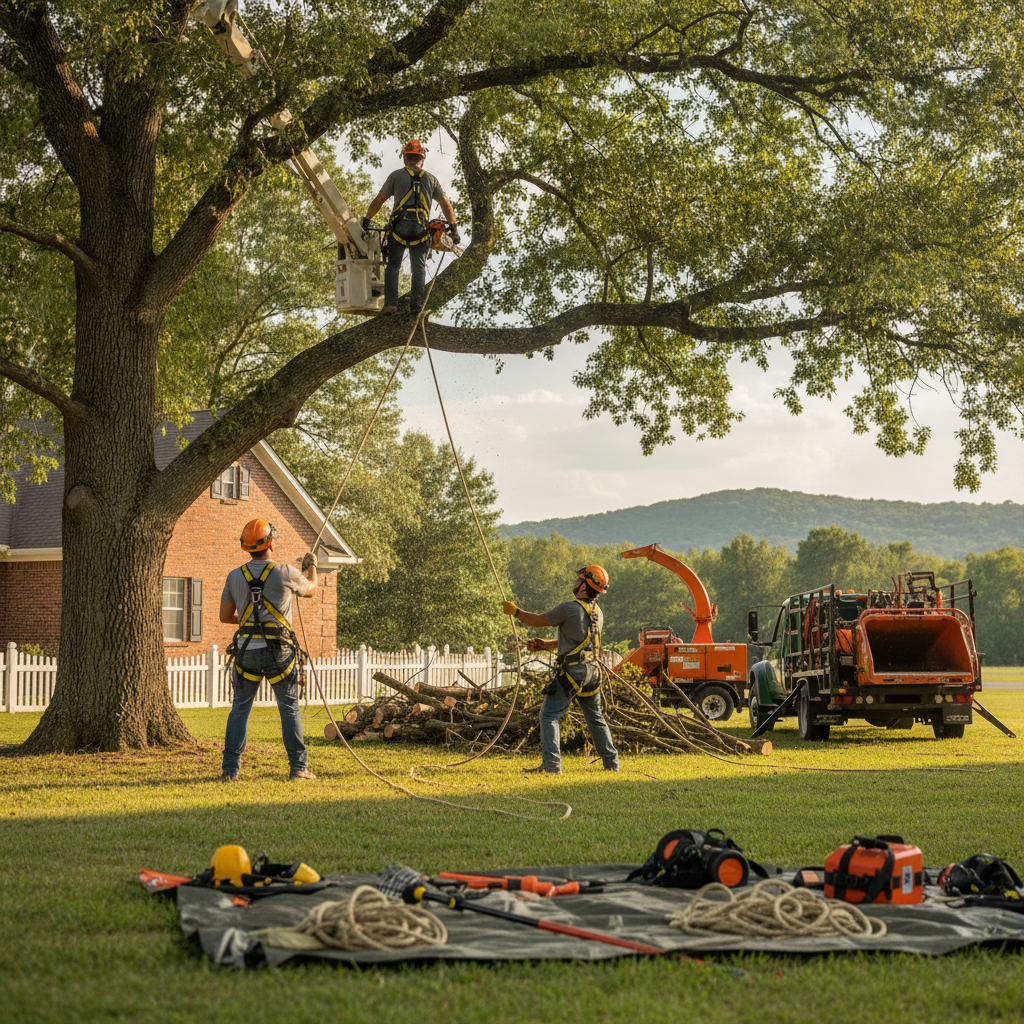Create a realistic, professional service-business photograph showing Tree Trimming from behind, with the backs of their heads visible. Do not show any faces, facial features, front-facing views or side views, profiles, or identifiable peopl