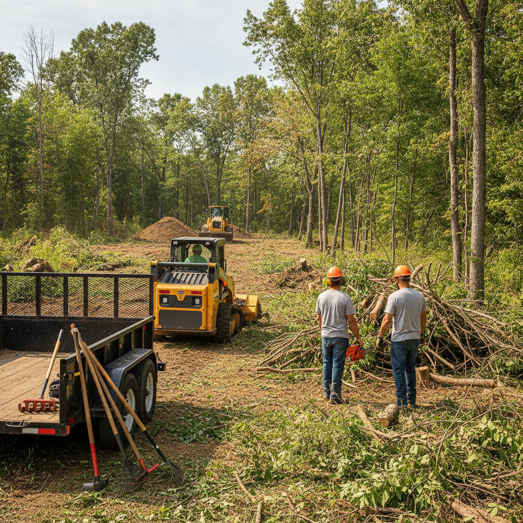 Create a realistic, professional service-business photograph showing Land Clearing from behind, with the backs of their heads visible. Do not show any faces, facial features, front-facing views or side views, profiles, or identifiable peopl
